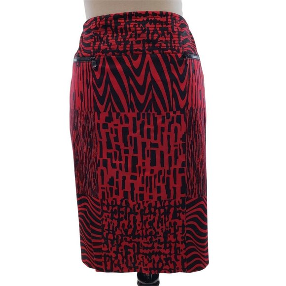 CARLISLE Women's Red Black Printed Pencil Skirt Zipper Pockets - Picture 1 of 11